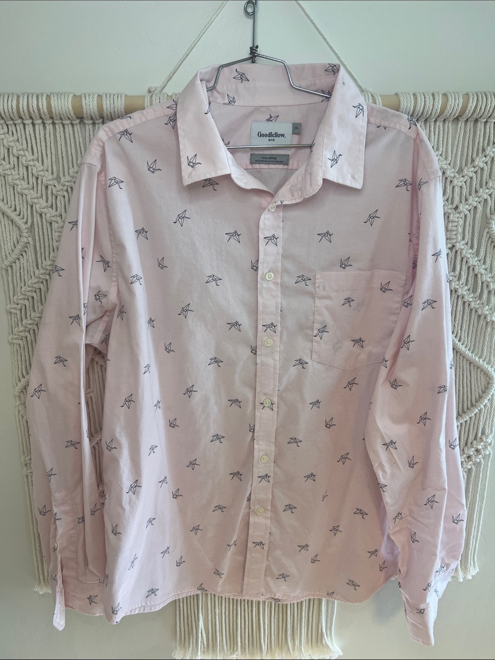 Goodfellow & Co Light Pink Button-Down Shirt with Navy Bird Print